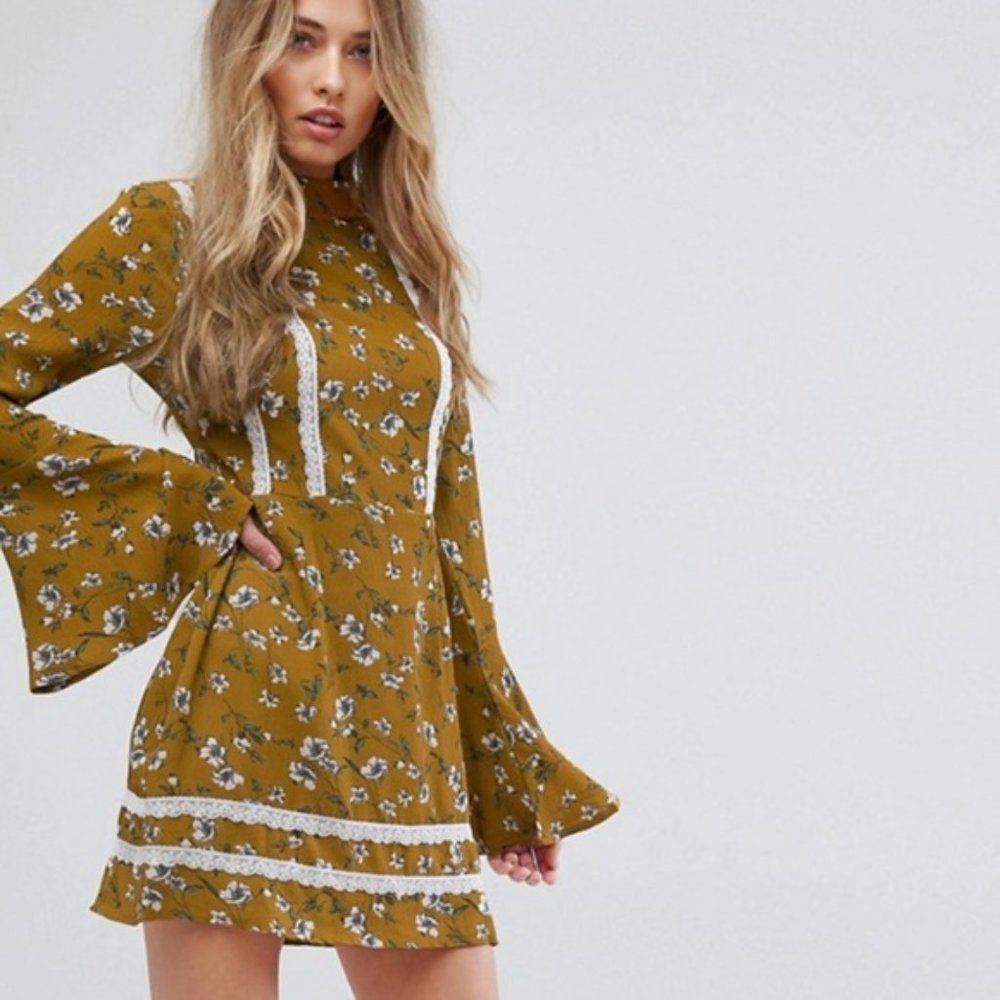 Missguided Boho Mustard Floral High Neck Dress